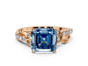 Leaf Motif Engagement Ring Setting for Fancy Blue Asscher Cut Center with Pave Band and Prong Head in Rose Gold