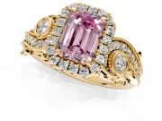 Milgrain Halo Engagement Ring Setting for Fancy Pink Emerald Cut Center with Shoulder Bezels and Prong Head in Yellow Gold