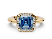 Halo Engagement Ring Setting for Fancy Blue Asscher Cut Center with Tapered Plain Band and Prong Head in Yellow Gold