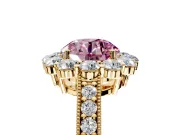 Halo Engagement Ring Setting for Fancy Pink Round Cut Center with Milgrain Channel Band and Prong Head in Yellow Gold