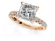 Solitaire Engagement Ring Setting for Princess Cut Center with Shared-Prong Accents and Prong Head in Rose Gold