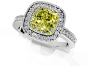 Halo Engagement Ring Setting for Fancy Yellow Cushion Cut Center with Milgrain Halo, Pave Band and Prong Head in White Gold