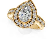 Milgrain Halo Engagement Ring Setting for Pear-Shaped Center with Pave Band and Prong Head in Yellow Gold