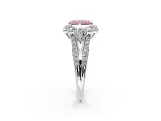 Halo Engagement Ring Setting for Fancy Pink Radiant Cut Center with Two-Strand Split Shank and Prong Head in Platinum