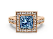 Milgrain Halo Engagement Ring Setting for Fancy Blue Princess Cut Center with Pave Band and Prong Head in Rose Gold