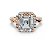 Halo Engagement Ring Setting for Asscher Cut Center with Twist Band and Prong Head in Rose Gold