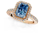Halo Engagement Ring Setting for Fancy Blue Radiant Cut Center with Inner Milgrain Border and Prong Head in Rose Gold