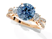 3 Stone Engagement Ring Setting for Fancy Blue Round Cut Center with Pave Split Shank and Prong Head in Rose Gold
