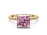 Solitaire Engagement Ring Setting for Fancy Pink Princess Cut Center with Plain Twisted Rope Band and Prong Head in Yellow Gold