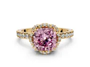 Halo Engagement Ring Setting for Fancy Pink Cushion Cut Center with Openwork Halo, Pave Band and Prong Head in Yellow Gold