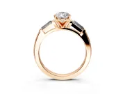 3 Stone Engagement Ring Setting for Pear-Shaped Center with Tapered Baguettes, Plain Band and Prong Head in Rose Gold