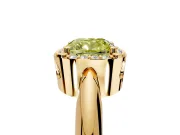 Halo Engagement Ring Setting for Fancy Yellow Cushion Cut Center with Tapered Plain Band and Prong Head in Yellow Gold