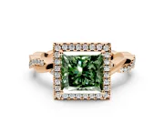Halo Engagement Ring Setting for Fancy Green Princess Cut Center with Pave and Plain Twist Band and Prong Head in Rose Gold