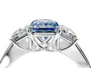 3 Stone Engagement Ring Setting for Fancy Blue Radiant Cut Center with Raised Basket Heads and Prong Head in Platinum
