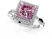 Halo Engagement Ring Setting for Fancy Pink Princess Cut Center with Pave and Plain Twist Band and Prong Head in Platinum