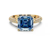 Solitaire Engagement Ring Setting for Fancy Blue Asscher Cut Center with Multi-Row Accents and Prong Head in Yellow Gold