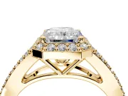 Halo Engagement Ring Setting for Radiant Cut Center with Pave Split Shank and Prong Head in Yellow Gold