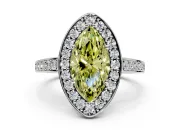 Bezel-Framed Halo Engagement Ring Setting for Fancy Yellow Marquise Center with Pave Band and Prong Head in Platinum