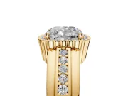 Halo Engagement Ring Setting for Cushion Cut Center with Wide Band, Inlaid Accent Row and Prong Head in Yellow Gold