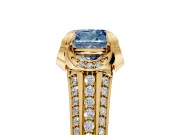 Solitaire Engagement Ring Setting for Fancy Blue Cushion Cut Center with Accented Split Shank and Prong Head in Yellow Gold