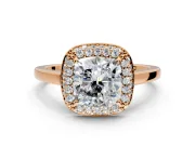 Halo Engagement Ring Setting for Cushion Cut Center with Plain Tapered Band and Prong Head in Rose Gold