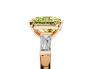 3 Stone Engagement Ring Setting for Fancy Yellow Radiant Cut Center with Tapered Baguettes, Plain Band and Prong Head in Rose Gold
