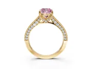 Solitaire Engagement Ring Setting for Fancy Pink Cushion Cut Center with Milgrain-Framed Pave Band and Prong Head in Yellow Gold