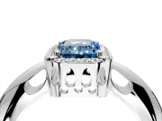 Halo Engagement Ring Setting for Fancy Blue Emerald Cut Center with Tapered Plain Band and Prong Head in Sterling Silver
