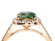 Halo Engagement Ring Setting for Fancy Green Cushion Cut Center with Narrowing Pave Band and Prong Head in Rose Gold