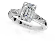 3 Stone Engagement Ring Setting for Emerald Cut Center with Tapered Baguettes, Plain Band and Prong Head in Platinum