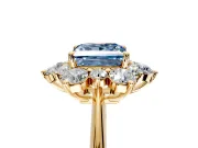 Small-Accent Cluster Halo Engagement Ring Setting for Fancy Blue Princess Cut Center with Plain Band and Prong Head in Yellow Gold