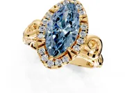 Halo Engagement Ring Setting for Fancy Blue Marquise Center with Open Scroll Shoulders and Prong Head in Yellow Gold