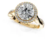 Halo Engagement Ring Setting for Round Cut Center with Twist Band and Prong Head in Yellow Gold
