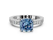 Solitaire Engagement Ring Setting for Fancy Blue Cushion Cut Center with Milgrain-Edged Pave Band and Prong Head in Platinum