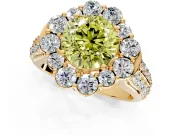 Large Accent Halo Engagement Ring Setting for Fancy Yellow Round Cut Center with Pave Split Shank and Prong Head in Yellow Gold