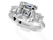 3 Stone Engagement Ring Setting for Asscher Cut Center with Crossover Basket, Pave Band and Prong Head in Platinum