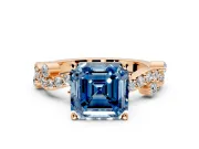 Solitaire Engagement Ring Setting for Fancy Blue Asscher Cut Center with Bar-Station Pave Twist and Prong Head in Rose Gold