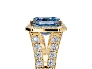 Halo Engagement Ring Setting for Fancy Blue Asscher Cut Center with Narrow Pave Split Shank and Prong Head in Yellow Gold