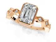Milgrain Bezel Engagement Ring Setting for Emerald Cut Center with Marquise Stations and Bezel Head in Rose Gold