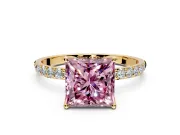 Solitaire Engagement Ring Setting for Fancy Pink Princess Cut Center with Fine Pave Accents and Prong Head in Yellow Gold