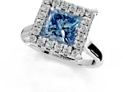 Single Halo Engagement Ring Setting for Fancy Blue Princess Cut Center with Corner Claws, Plain Band and Prong Head in Platinum
