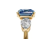 3 Stone Engagement Ring Setting for Fancy Blue Asscher Cut Center with Large Pear-Shaped Accents and Prong Head in Yellow Gold