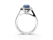 Halo Engagement Ring Setting for Fancy Blue Emerald Cut Center with Outer Bezel Rim, Pave Band and Prong Head in Platinum