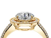 Milgrain Halo Engagement Ring Setting for Round Cut Center with Three-Sided Pave Band and Prong Head in Yellow Gold