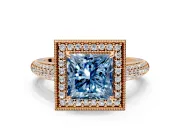 Milgrain Halo Engagement Ring Setting for Fancy Blue Princess Cut Center with Three-Sided Pave Band and Prong Head in Rose Gold