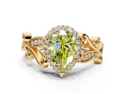 Halo Engagement Ring Setting for Fancy Yellow Pear-Shaped Center with Leaf Motif Split Shank and Prong Head in Yellow Gold