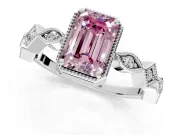 Milgrain Bezel Engagement Ring Setting for Fancy Pink Emerald Cut Center with Marquise Stations and Bezel Head in White Gold
