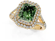 Double Halo Engagement Ring Setting for Fancy Green Radiant Cut Center with Narrow Pave Split Shank and Prong Head in Yellow Gold