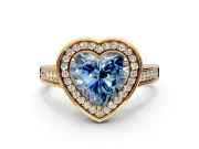 Halo Engagement Ring Setting for Fancy Blue Heart-Shaped Center with Outer Bezel Rim, Pave Band and Prong Head in Yellow Gold