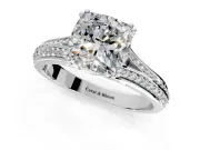 Solitaire Engagement Ring Setting for Cushion Cut Center with Pave Rail Split Shank and Prong Head in Platinum